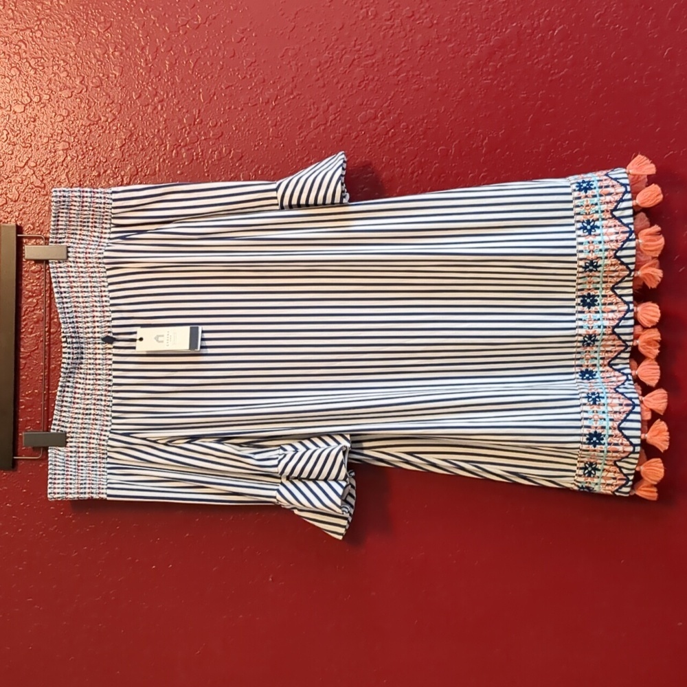 Cabana Life Tulip Sleeve-Embroidery Smocked Off Shoulder/ Tassels Mini Dress NWT